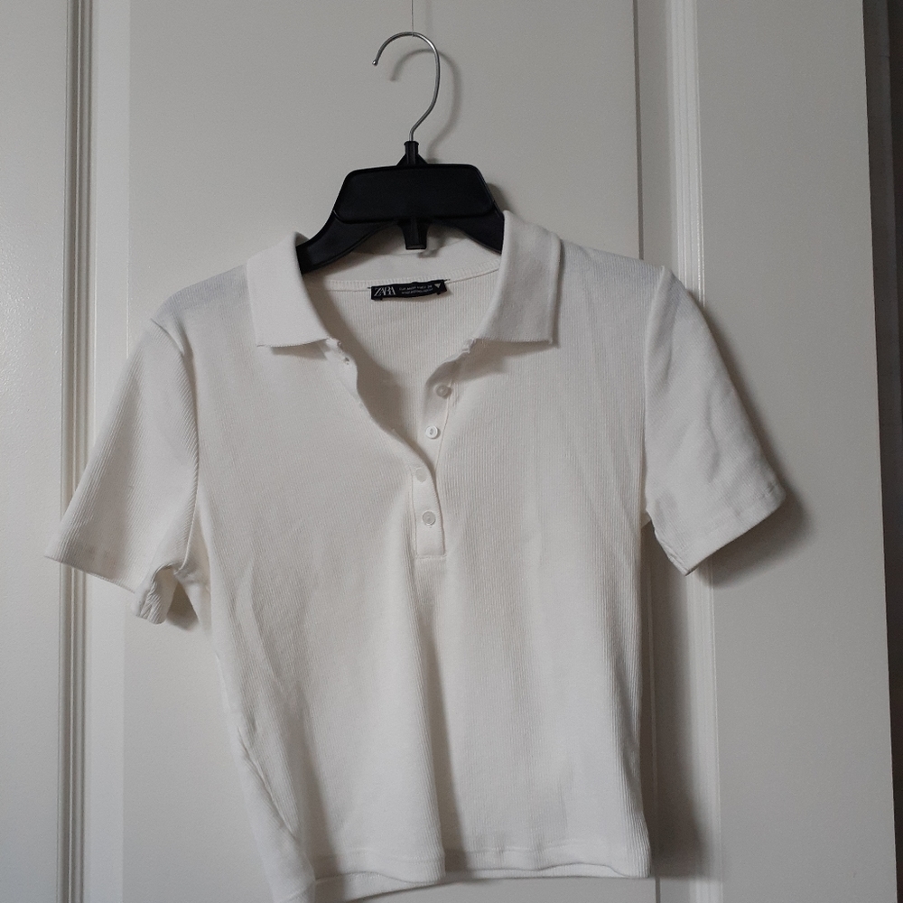 Zara white cropped polo t-shirt